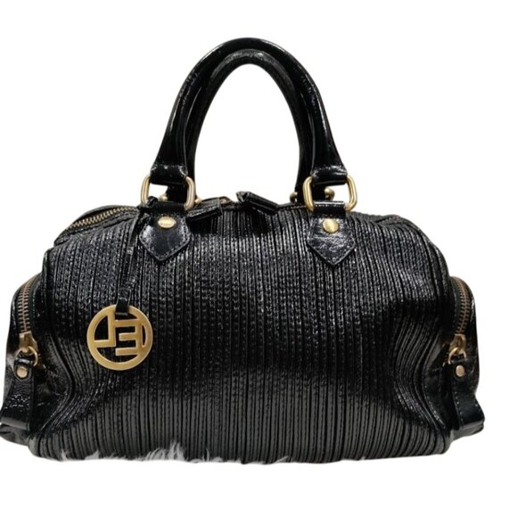 Elliott Lucca Black Patent Leather Handbag With Gold Accents Double Handle Bag - Picture 15 of 15